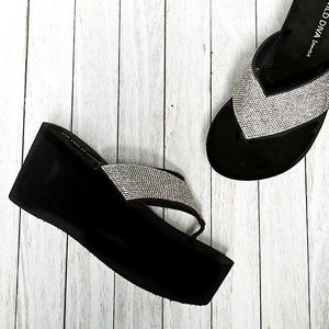 New Black Rhineatone Thong Platform Wedge Sandals